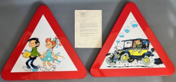 Franquin - Gaston - Ensemble des 2 panneaux de signalisation - Palombia - 1993