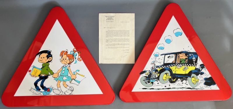 Franquin - Gaston - Ensemble des 2 panneaux de signalisation - Palombia - 1993