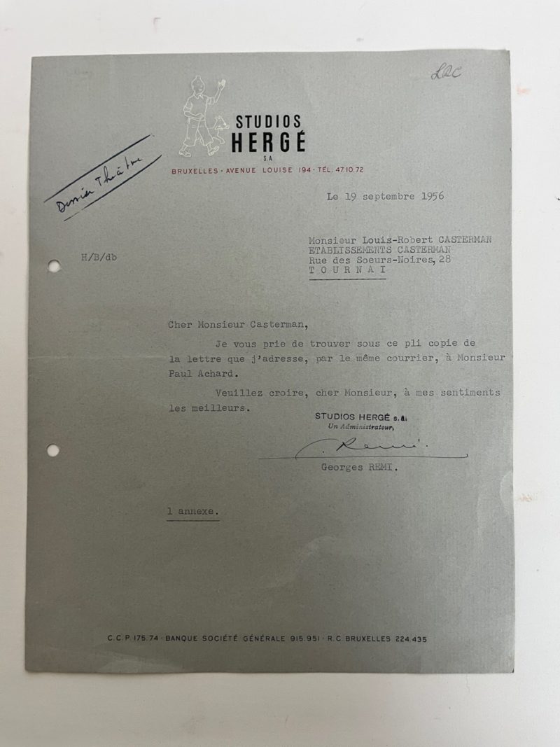 Hergé - Studios Hergé - Lettre signée par Georges Remi - 1956