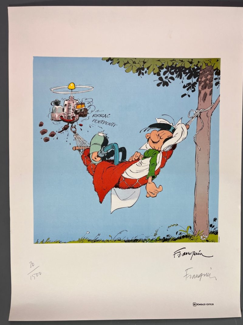 Franquin - Litographie Gaston sur son hamac -  Gaffes et Gadgets - Rombaldi - 1985