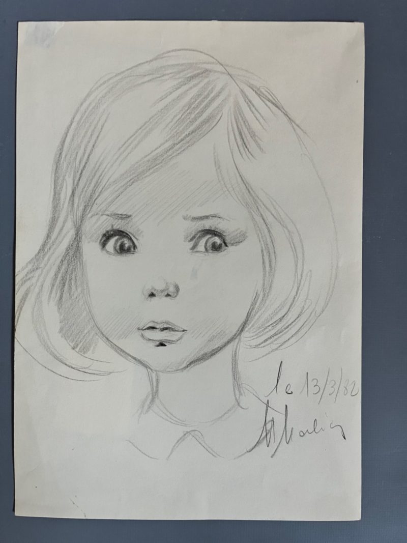Marlier, Marcel - Dessin dédicacé - Visage d'enfant - Signé - 1982