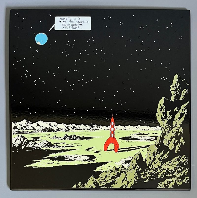 Hergé - Plaque émaillée On a marché sur la lune - Allo la terre - 35X35 - Emaillerie Belge - 1985