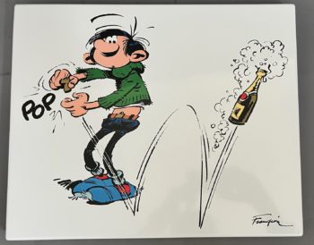 Franquin - Plaque émaillée Gaston - Champagne ! - Emaillerie Belge - 2025