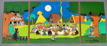 Uderzo et Goscinny - Asterix - Plaque émaillée - Triptyque - Le banquet - L'Emaillerie Belge - 1999