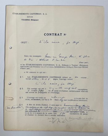 Hergé - Ebauche du contrat Casterman pour la première publication de L'Ile Noire - 1938