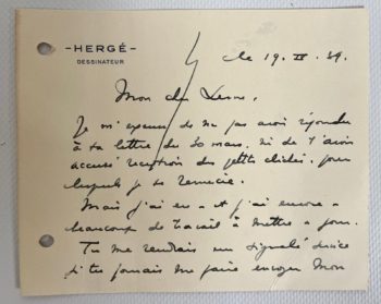 Hergé - Hergé dessinateur - Lettre d'époque manuscrite et signée par Georges Remi - 1939