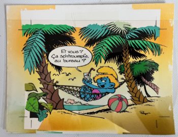 Peyo - Les Schtroumpfs - Au bureau- Bleu de coloriage et film noir - (années 80)