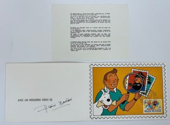 Hergé - Tintin - Carte de voeux - Reproduction Timbre philatélie de la jeunesse - Signée par Alain Baran - 1980