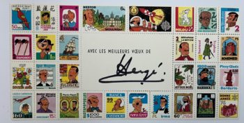 Hergé - Tintin - Carte de voeux - Feuillet de faux timbres - Signée par Hergé - 1976