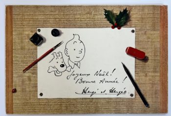 Hergé - Tintin - Carte de voeux - Table à dessin - Signée par Hergé - 1962