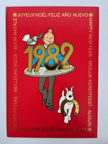 Hergé - Tintin - Carte de voeux - Tintin porte sur un plateau le millésime 1982 - Signée par Hergé - 1982