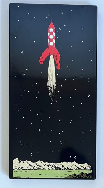 Hergé - Plaque émaillée - Fusée décollant de la lune - 45X22 cm - Emaillerie Belge - 1985