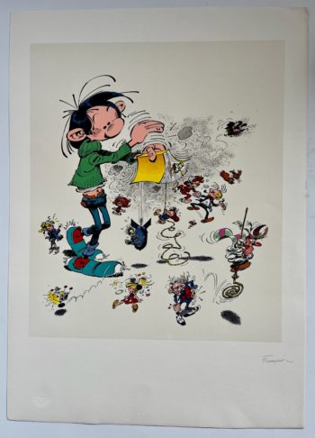 Franquin - Sérigraphie Gaston secouant un livre - Aedena - 1987